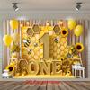 2D Flat Bee and Sunflower Birthday Party Background Gold 1-year-old with Bees and Flowers