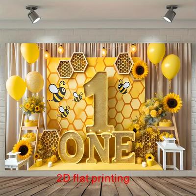 2D flache Biene und Sonnenblume Geburtstagsparty Hintergrund Gold 1-Jähriger mit Bienen und Blumen
