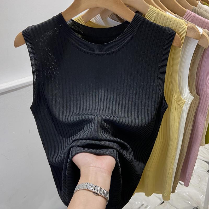 Mode 2024 Nouveaux Débardeurs Tricotés d'Été Sans Manches Femmes Col O Slim Blanc Noir Débardeurs Tricotés Femmes Tops JJ44