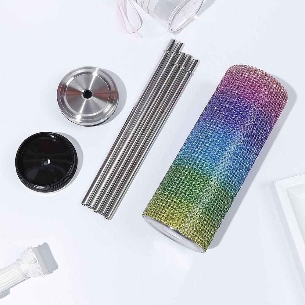 Stick-on Crystals Thermal Bottle with Straw Coffee Cup Durable Vacuum Cup  Winter