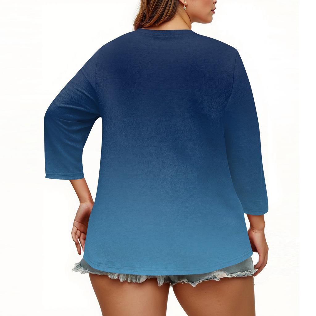 Damen 3/4 Ärmel Tops Übergröße Button-Down V-Ausschnitt Hemden Blusen Lässig Druck Locker