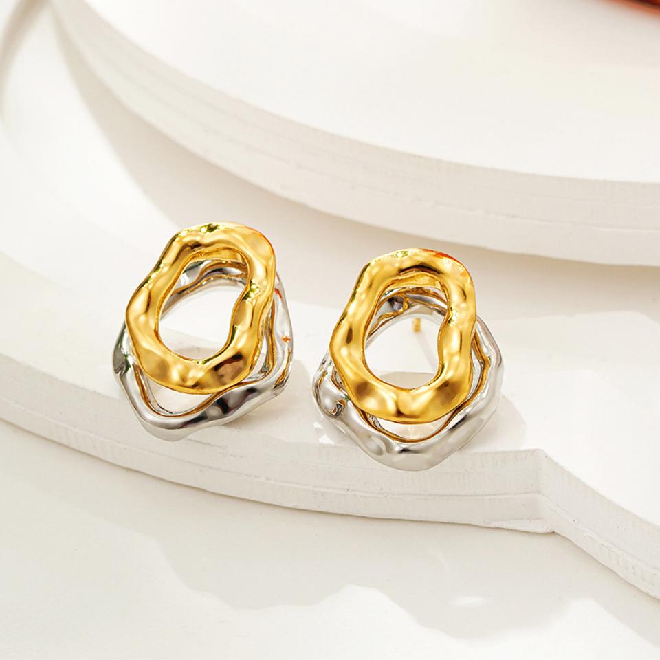 ZAKOL Irregular Gold Sliver Colors Circles Bilayer Piercing Post Earring for Women Bicolor Hammered Texture Ear Accessories Gift