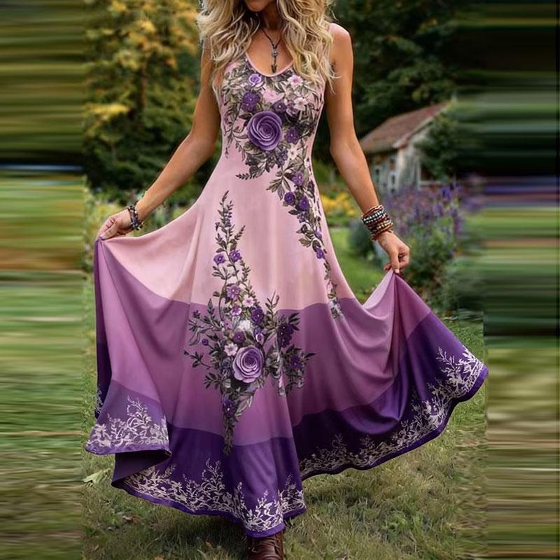 Boho Elegant Floral Print A-Line Long Dress Woman Spring Sexy V Neck Loose Party Dress New Summer Sleeveles… More