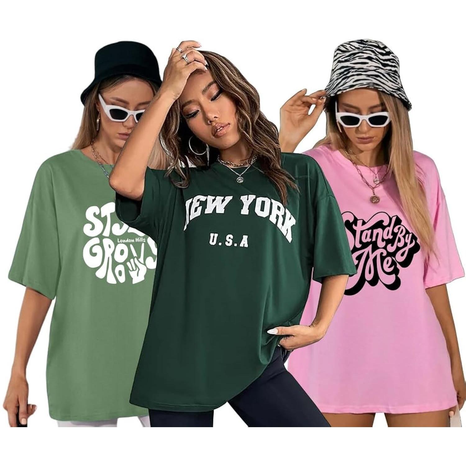 Women s Cotton Oversized Fit Printed Top Round Neck Loose Fit  T-Shirt Pack of 3 M
