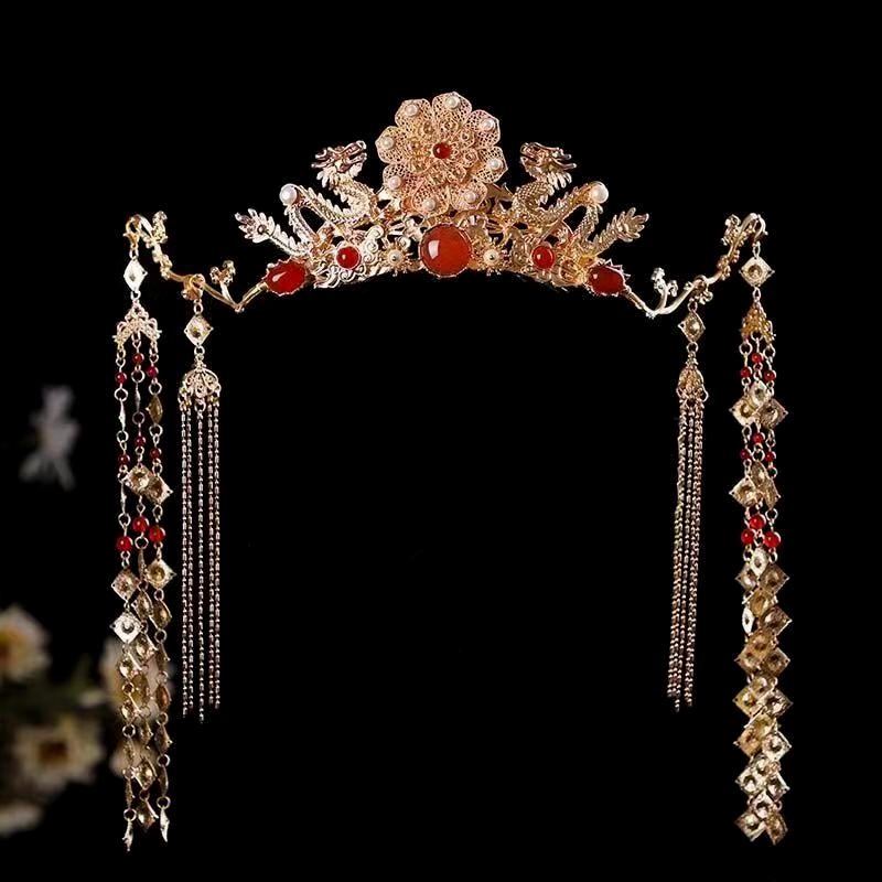 Quasten-Stirnband Hanfu Haarschmuck Kronen Tiaras Hochzeitsfeier Braut-Kopfschmuck Für Xiuhe-Kleid