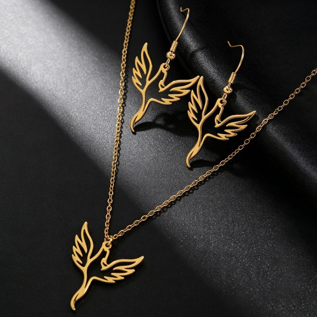Elegant Phoenix Jewelry Set: Unique Flying Bird Necklace & Earrings