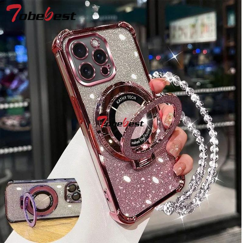 Shockproof Glitter Plating Crystal Bracelet Magsafe Phone Holder Case For iphone 16 15 14 13 12 11 Pro XS Max XR 8 7 Plus Cover