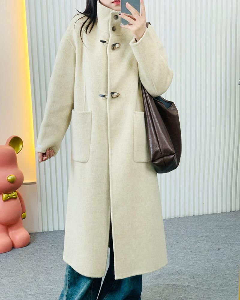 

Двустороннее кашемировое пальто со стойкой, свободное длинное шерстяное пальто, кашемировое пальто для通勤, повседневное универсальное M