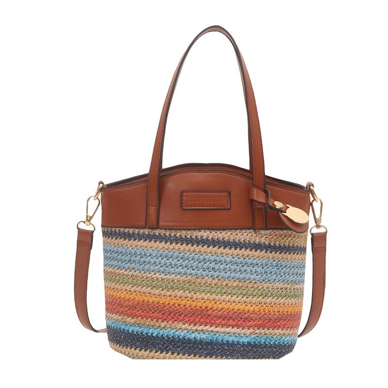 2025 Super Fire Retro Contrasting Color Splicing Woven Hand-held Straw Bag Women's High Sense Summer Messenger Mobile Phone Bag