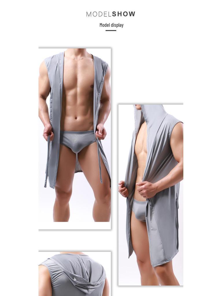 Men's Hooded Sleeveless Thin Silk Bathrobe, European Style, Six Colors Available, Does Not Include Underwear