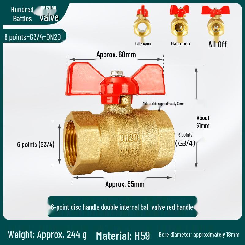 Dual Internal Thread Ball Valve for Water Heater and Gas Pipe, Copper Switch, Sizes: 2 To 6 Points, 1 Inch