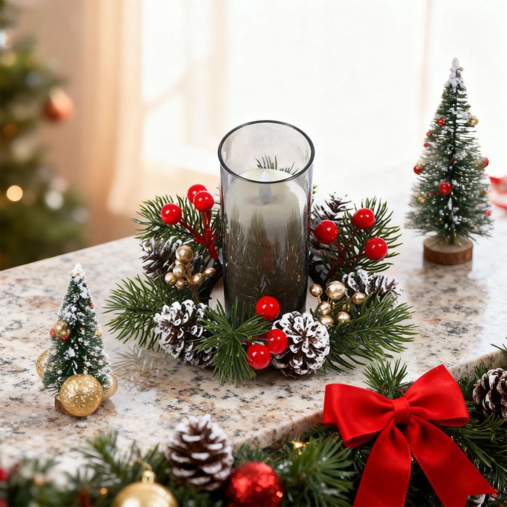 Christmas Candlestick Wreath Artificial Flowers Festive Candle Ring Centerpiece for Table New Year Dinner Candle Holder Garland