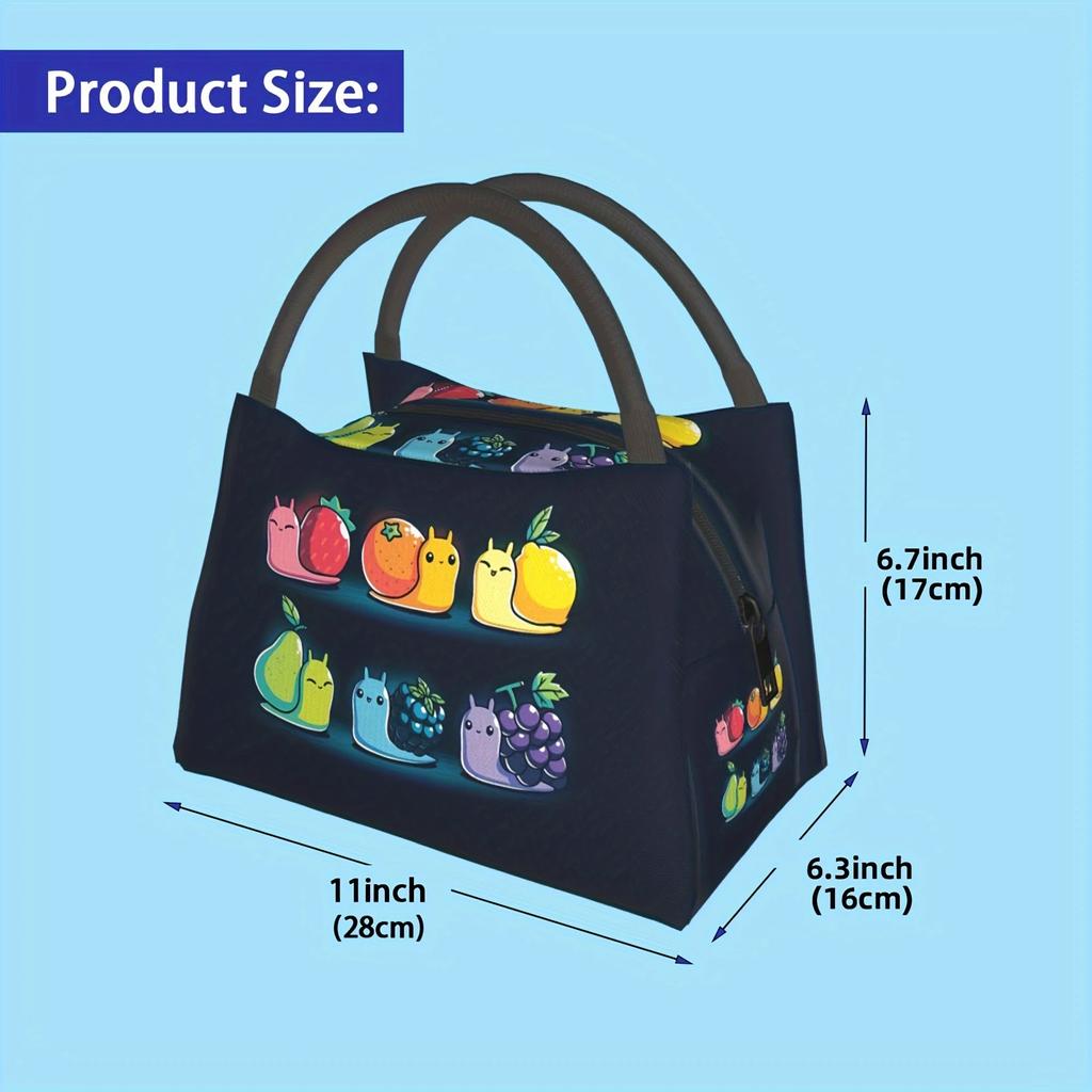 Versatile Insulated Lunch Bag with Fruit & Snail Design - Perfect for School, Office, Picnics & Beach Outings
