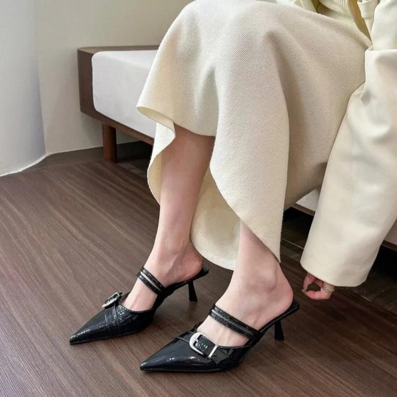 2025 spring/summer new women shoes French pointy  outdoor half slippers beach  gold stilettos toe cover sandals