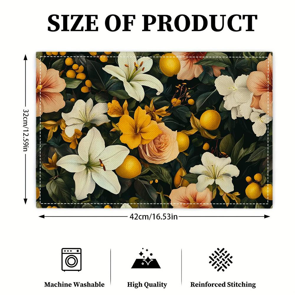 4pcs 2D FLAT Digital Print Placemats, Floral Lemon Combination Pattern Printed Placemats, To Make Your Dining Room More Beautiful, Perfect for Coffee