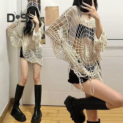 Gebreide Trui met Spinnenweb Design Kwastjeszoom Holle Stijl Effen Kleur Pullover Tops Losse Pasvorm Capuchon Lange Mouw Trui Jas