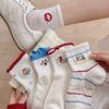 White Cute Embroidered Mid-Calf Mesh Ankle Socks - Seamless, Breathable, College Style.