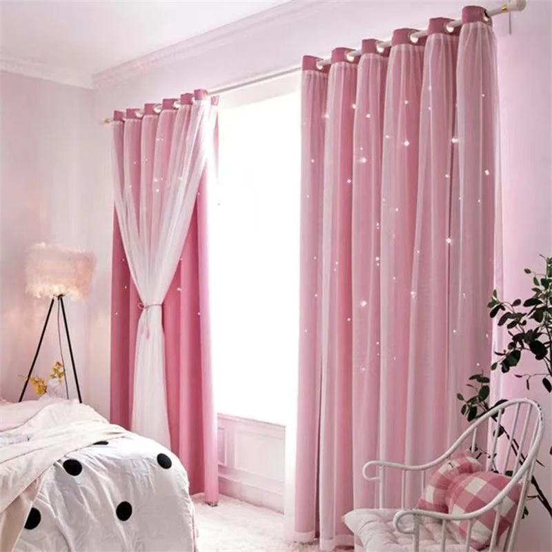 Lace Blackout Curtains Double Layer with Sheer Star Pattern Embroidery Thermal Insulated Curtain Princess Curtain Luxury Double Layer Curtains