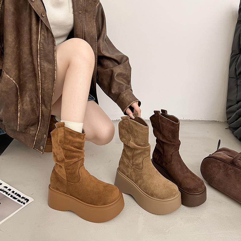 Fashion 2025  NEW Fashion Style Women Shoes Heel Height Platform Suede Mid Calf Boots Woman Ankle Boots Decor Woman Boots 6546