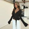 Autumn 2025 V-Neck Bell Sleeve Tie-Up Casual Top for Women