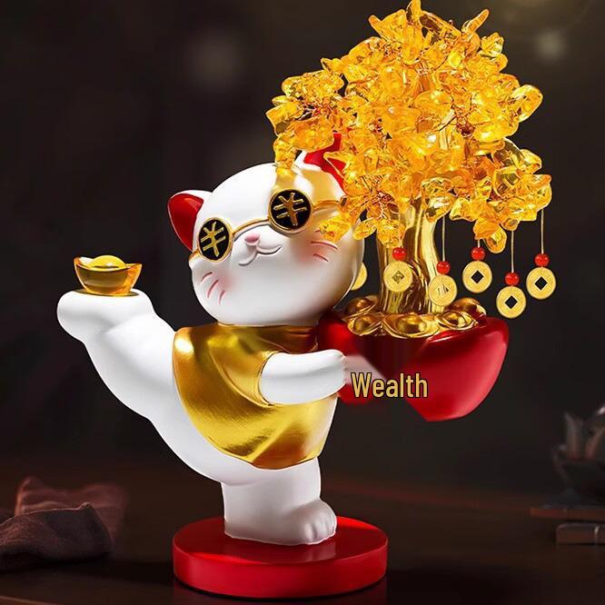 Lucky Cat Crystal Wealth Tree Ornament - High-End Housewarming Gift.