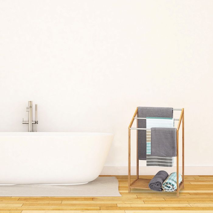 Relaxdays porte-serviettes en bambou sur pied 3 barres hxlxp: 85 x 51 x 31 cm support serviette salle de bain, nature