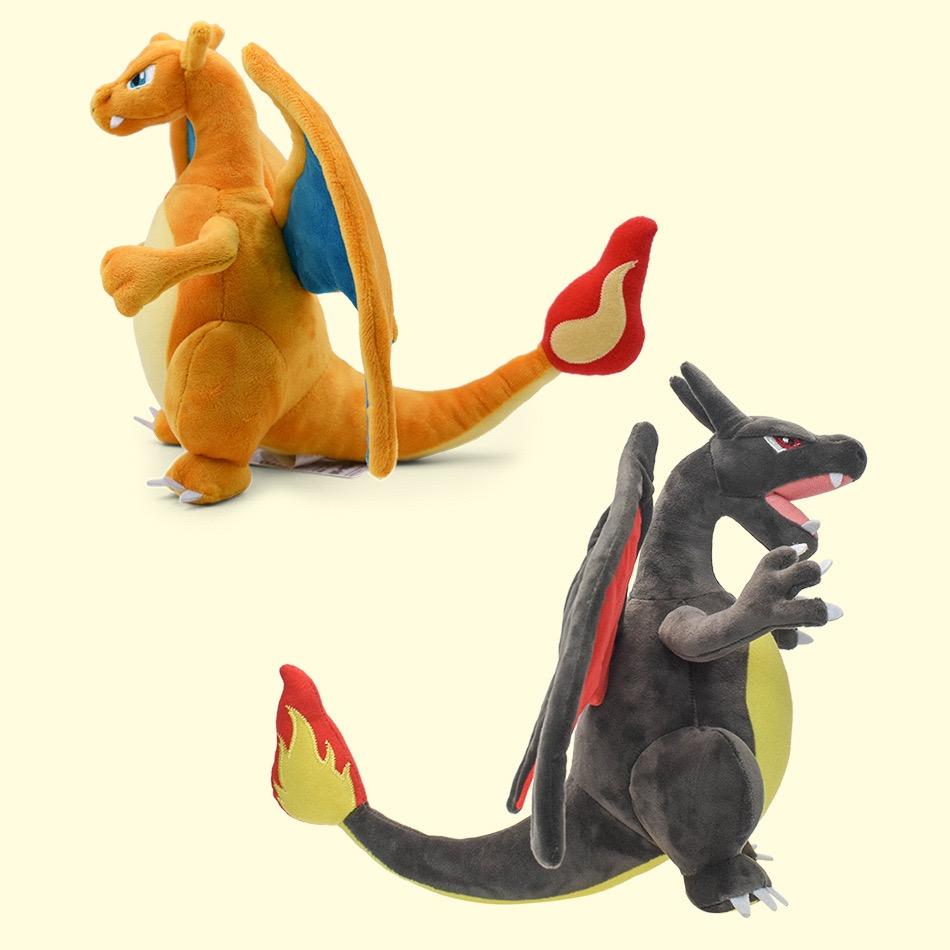 2PCS Charizard And Shiny Mega Charizard X Plush Set Stuffed Dolls - Yellow Two-Horn Black Dragon Rare Collectible Gift