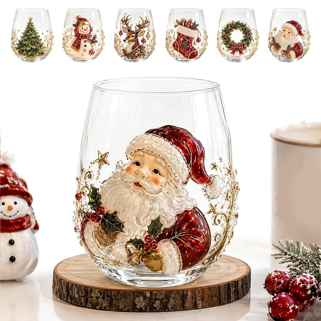 Christmas Glass Art Cup 2D Santa Snowman Pattern Drinking Cup for Cocktails Whiskey Wine Glasses Unique Holiday Glassware Gift