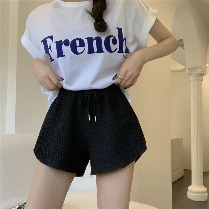 

Summer waffle high-waisted shorts for women, summer loose A-shaped hot pants, drawstring casual home sweatpants S чёрный