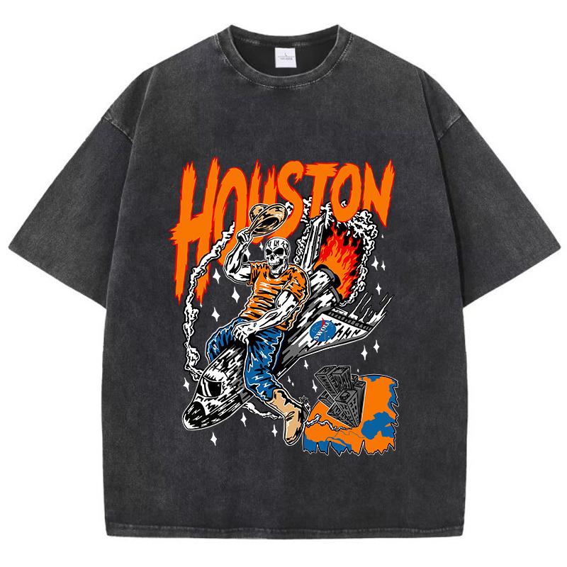 Casual Womans Acid Wash T-Shirts Houston Skeleton Manga Prints Tops Distressed Crewneck Cotton Tee Shirts Clothes