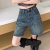 HWomen Denim Shorts High Waist Vintage Washed Straight Wide Leg Pure Color Button Zipper Closure Streetwear Knee Length Jeans Short Pants