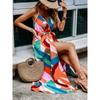 Women Print Maxi Dress Spaghetti Strap V Neck Split Casual Bohemian Summer Beach Long Dress