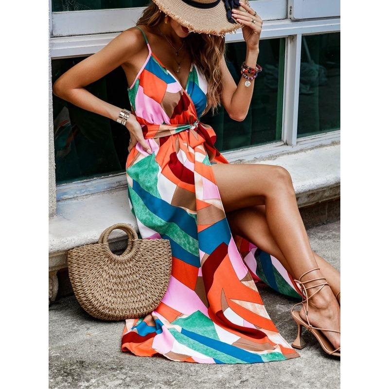 Women Print Maxi Dress Spaghetti Strap V Neck Split Casual Bohemian Summer Beach Long Dress