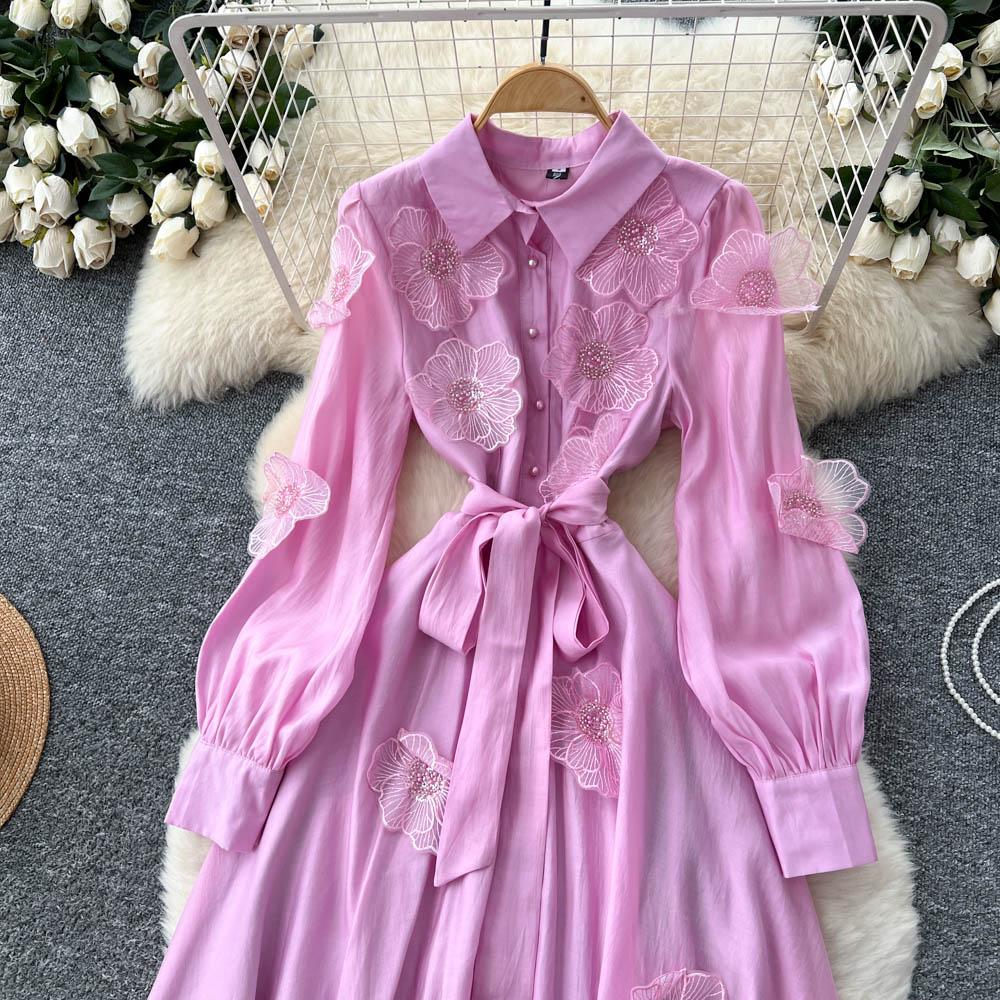 Chic Vintage Three-dimensional Single Breasted Slim Elegant Fairy Korean Fashion Boho Women Clothing Long Dress