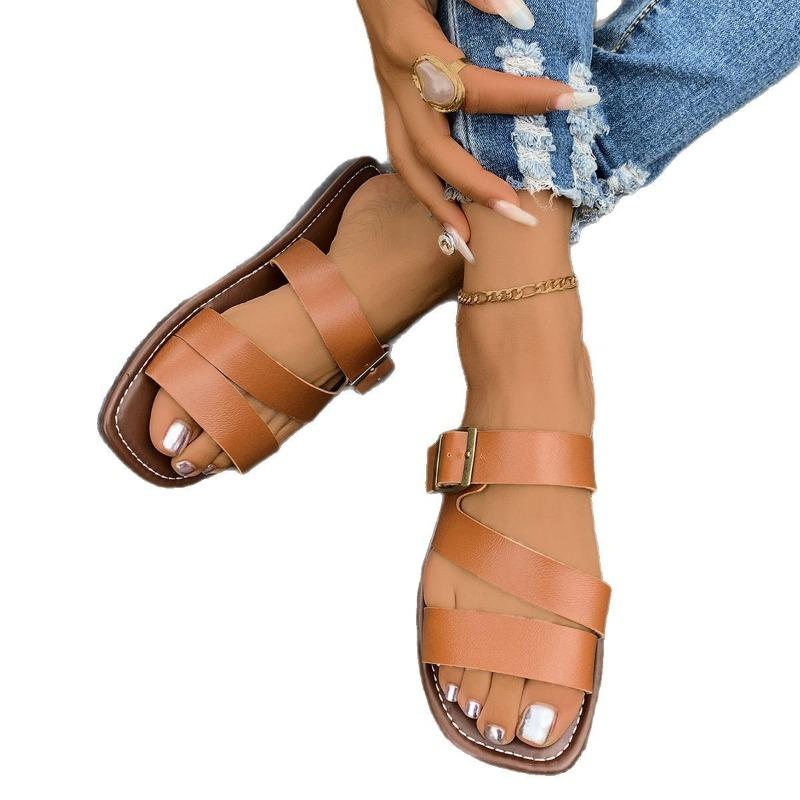 Large Size Buckle Flat Bottom One-word Shoes Women's Open-toed Retro Wind Beach Cool Slippers