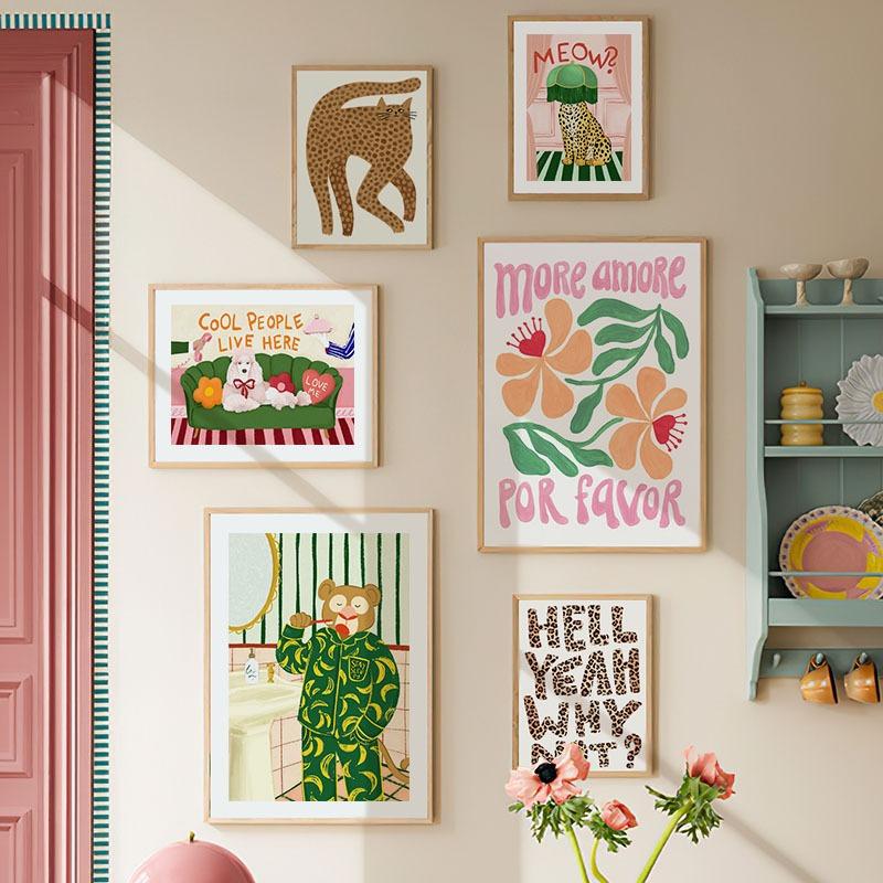 Girl Bear Leopard Cat Dog Flowers Abstract Posters And Prints Wall Art Canvas Painting Pictures Hotel Bar For Living Room Decor