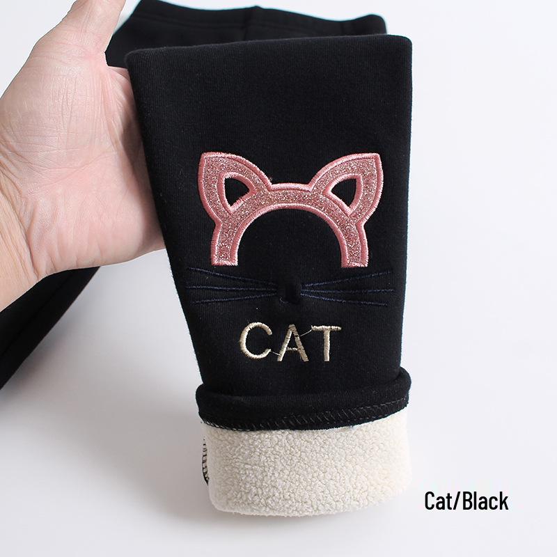 Girls' Winter Fleece-Lined Cotton Leggings with Rabbit Embroidery