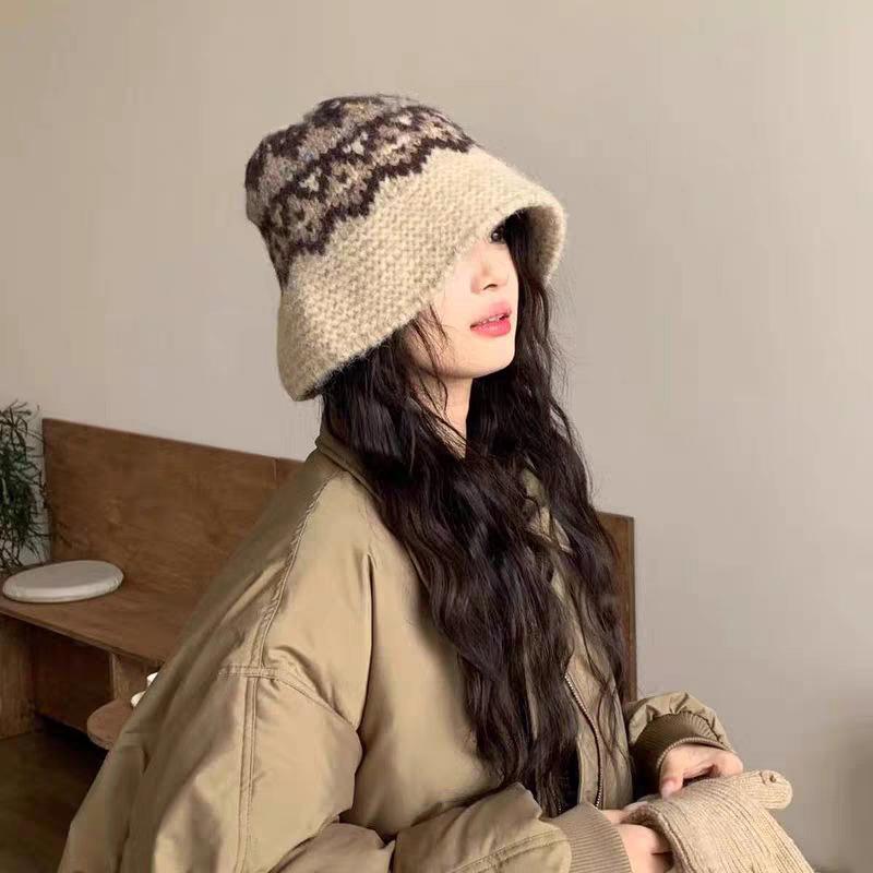 Retro Jacquard Knitted Bucket Hat Autumn Winter Korean Warm Casual Basin Hat For Women