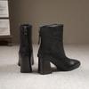 Genuine Leather Chunky Heel Patchwork Short Boots for Women - Autumn/Winter Style with Back Zipper and Frosted Finish