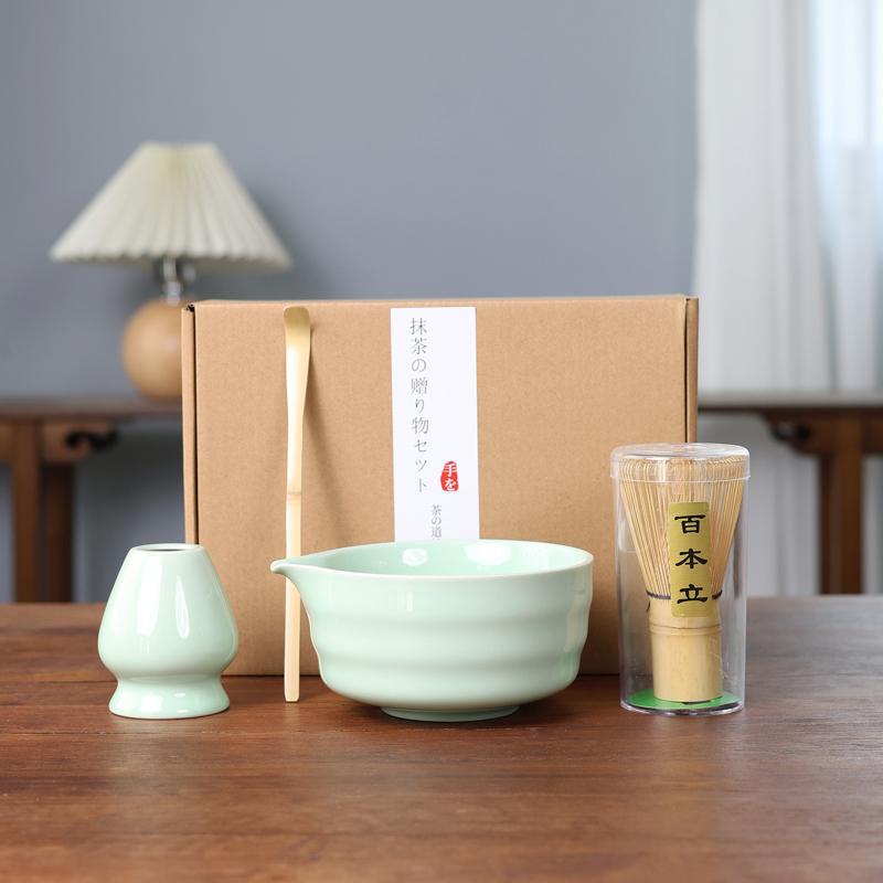 4Pcs Japanese Matcha Set Bamboo Whisk Teaspoon Ceramic Bowl Tranditional Tea Set Home Tea-Making Tools Accessories Birthday Gift