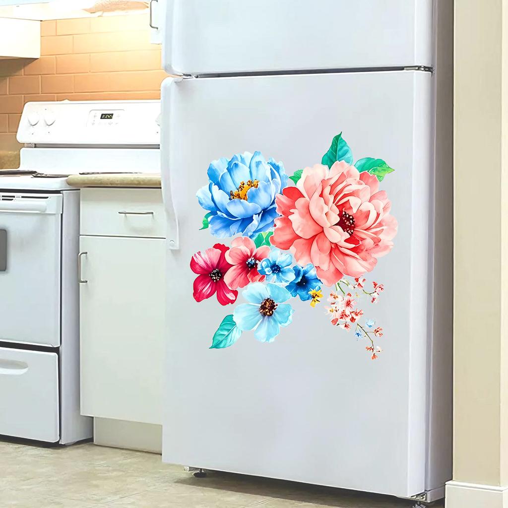 Selbstklebender floraler Wand- und Kühlschrankaufkleber Blaue Rosa Blumen Heimdekoration für Zimmer Küche