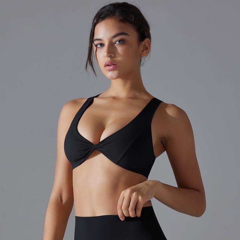 

New Arrival Pure Color Double-Sided Nylon Sexy Low-Cut Beauty Back Exercise Underwear Tight High Elastic Fitness Yoga Wear Open Back Elastic S 7070 Bra-Black