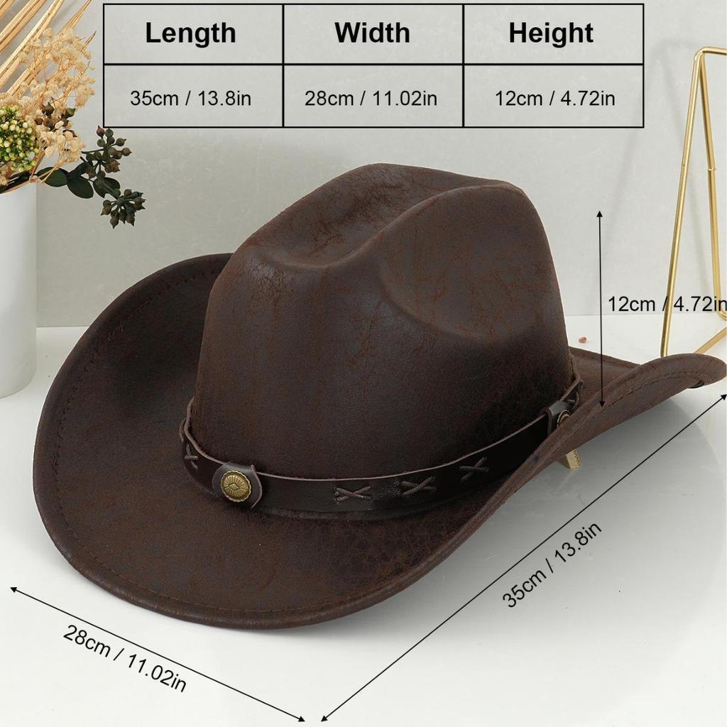 Unisex westernové kovbojské klobouky: Kovové kulaté a boční vzory s přezkovým páskem, ideální na večírky a cestování u táboráku