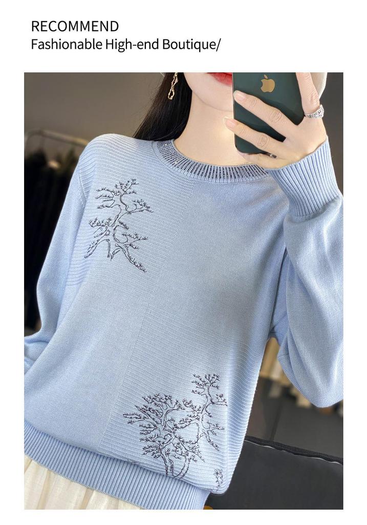 Women's Embroidered Wool Knit Sweater - Chinese Style, Loose Fit, Round Neck, Autumn/Winter.