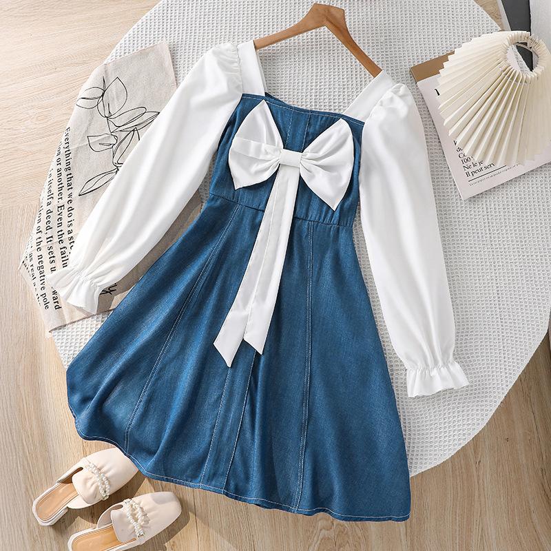 

Модное платье для девочек, осеннее детское милое платье из лоскутной джинсовой ткани с длинными рукавами и бантом 170cm=12Y синий