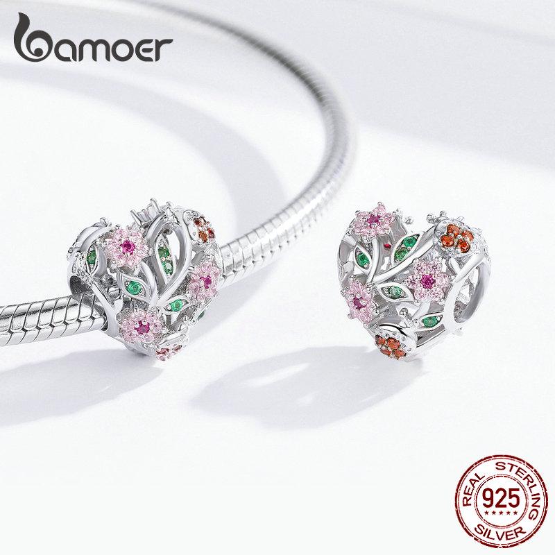 BAMOER 925 Sterling Silver Heart Shape Charm Jewelry Making Pink Flower Beads for Original Bracelet