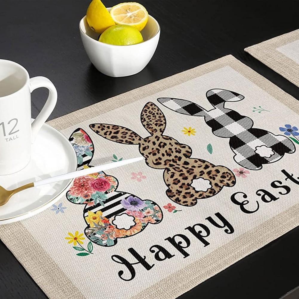 4pcs Easter Placemats Cotton Linen Heat Resistant Table Mats Non-Slip Easter Bunny Gnome Placemat Decoration for Home Kitchen