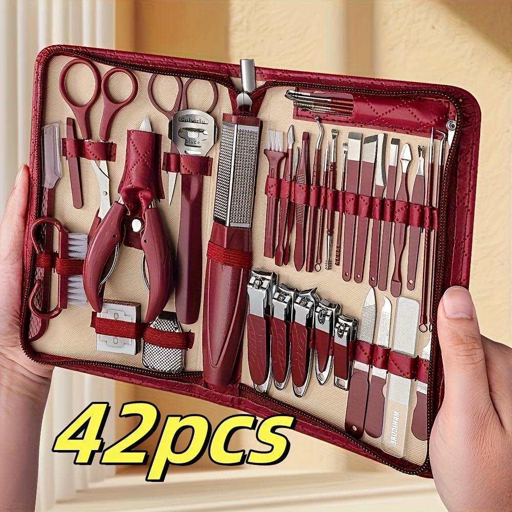 42pcs Pedicure Kit Modern Style Brown 42pcs Stainless Steel Nail Clipper Set, Portable Pedicure and Ear Pick Tools, Home Use Nai