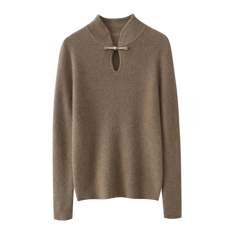Women's Retro Chinese Style Pure Wool Button-Up Sweater - Slim-Fit Knitwear for Autumn/Winter