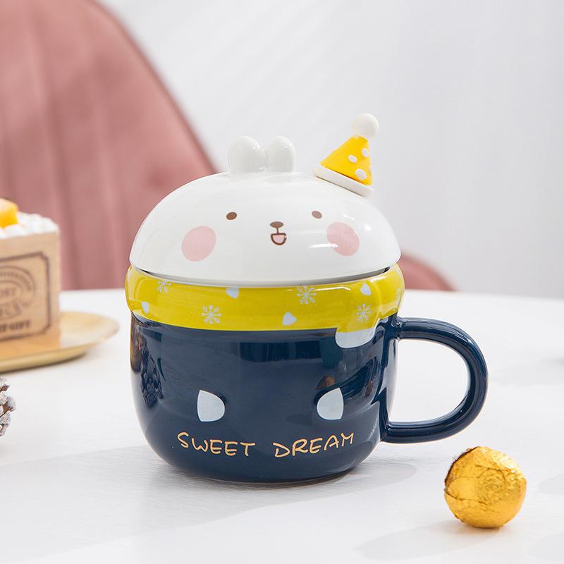 High-Value Breakfast Water Cup Cute Cartoon Rabbit Ceramic Cup With Lid Spoon Girl Student Mug Creativity